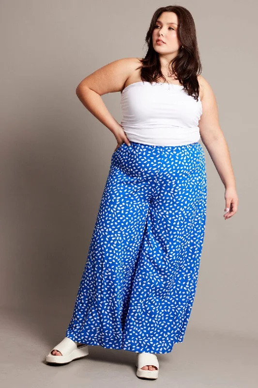 Blue Geo Flared Wide Leg Pants