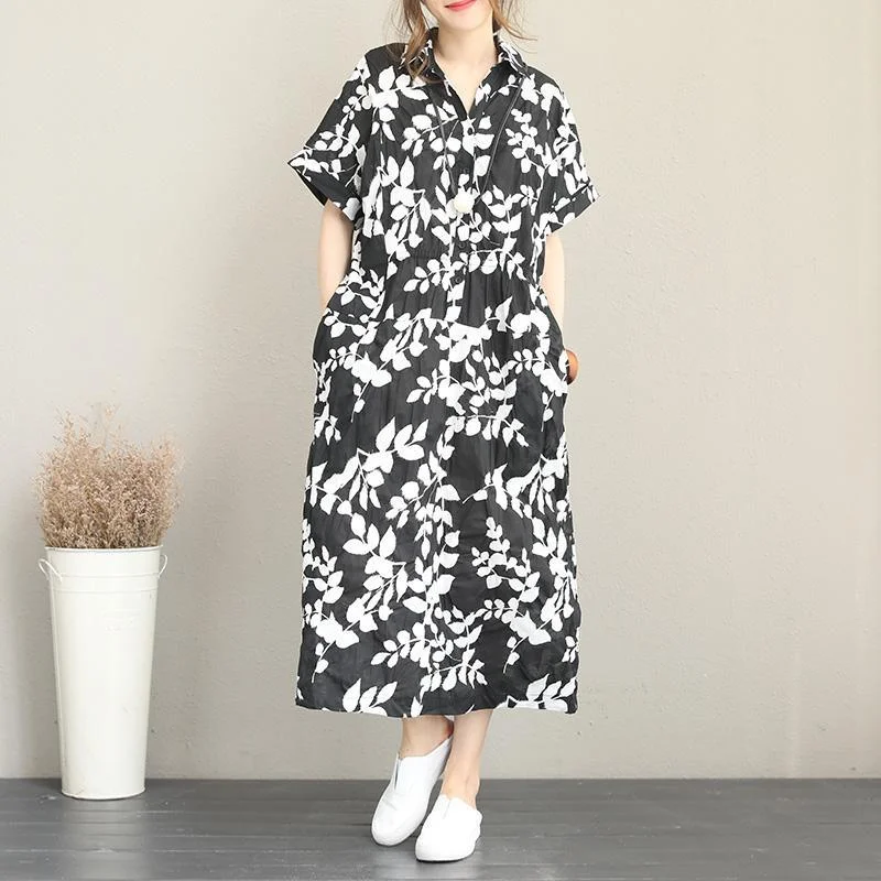 New floral long cotton dresses plus size turn-down collar short sleeve baggy dresses vintage drawstring maxi dresses